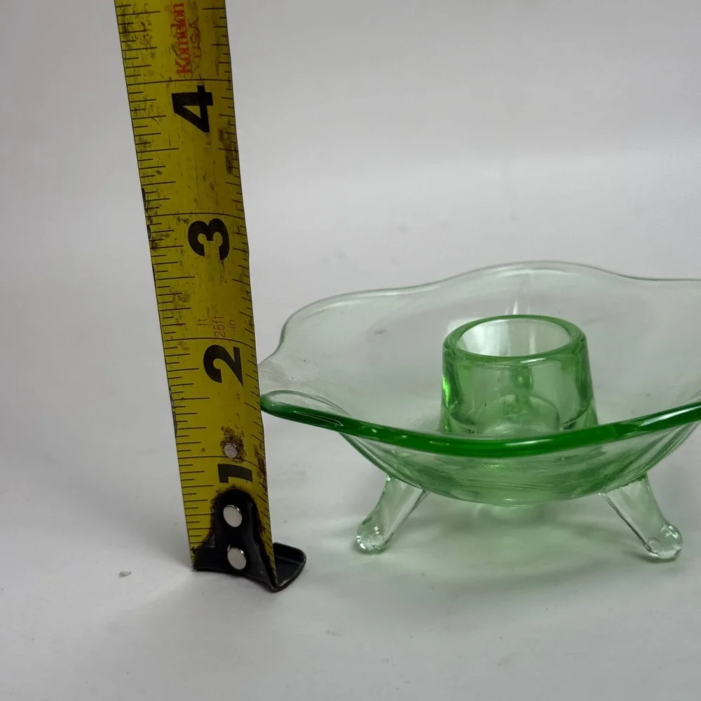 Fenton Uranium Glass Lotus 6 Petal 3 Footed Green Candle Holder UV Reactive